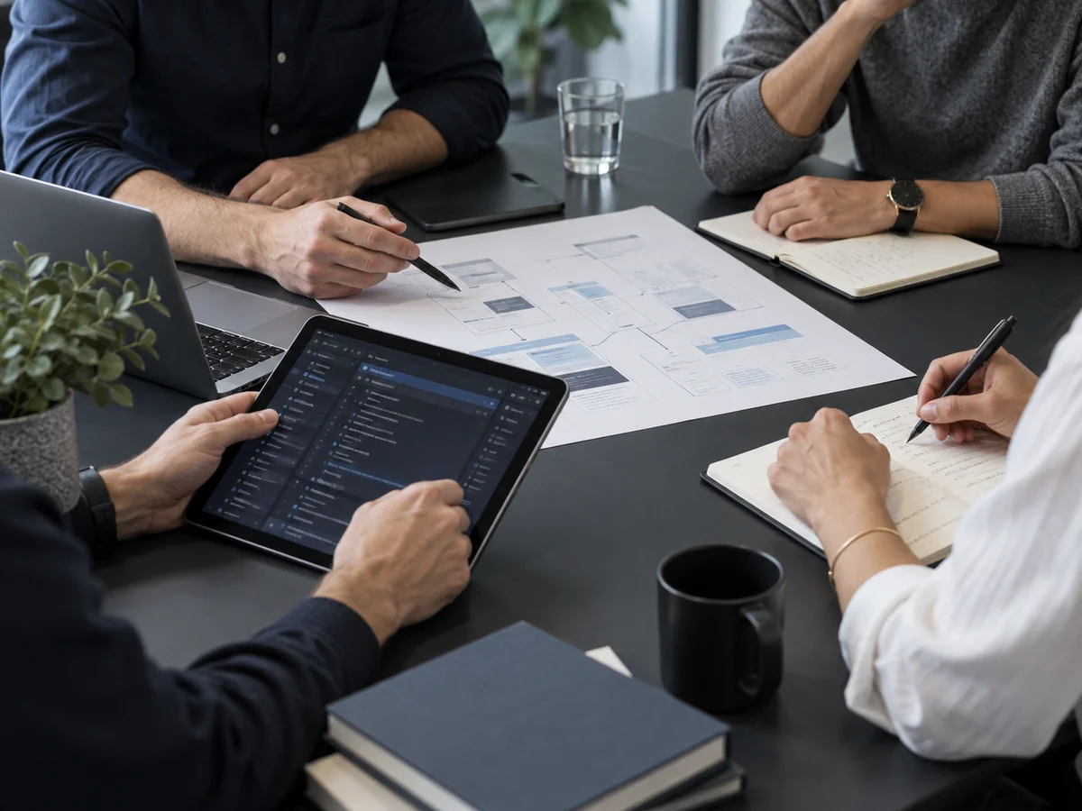 An illustrative professional team reviewing plans together, with faces out of frame
