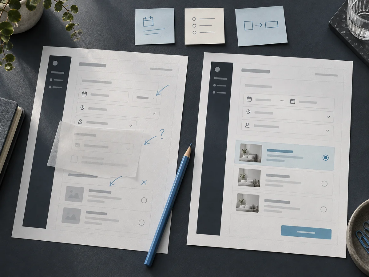 An annotated first interface draft beside a clearer revised version