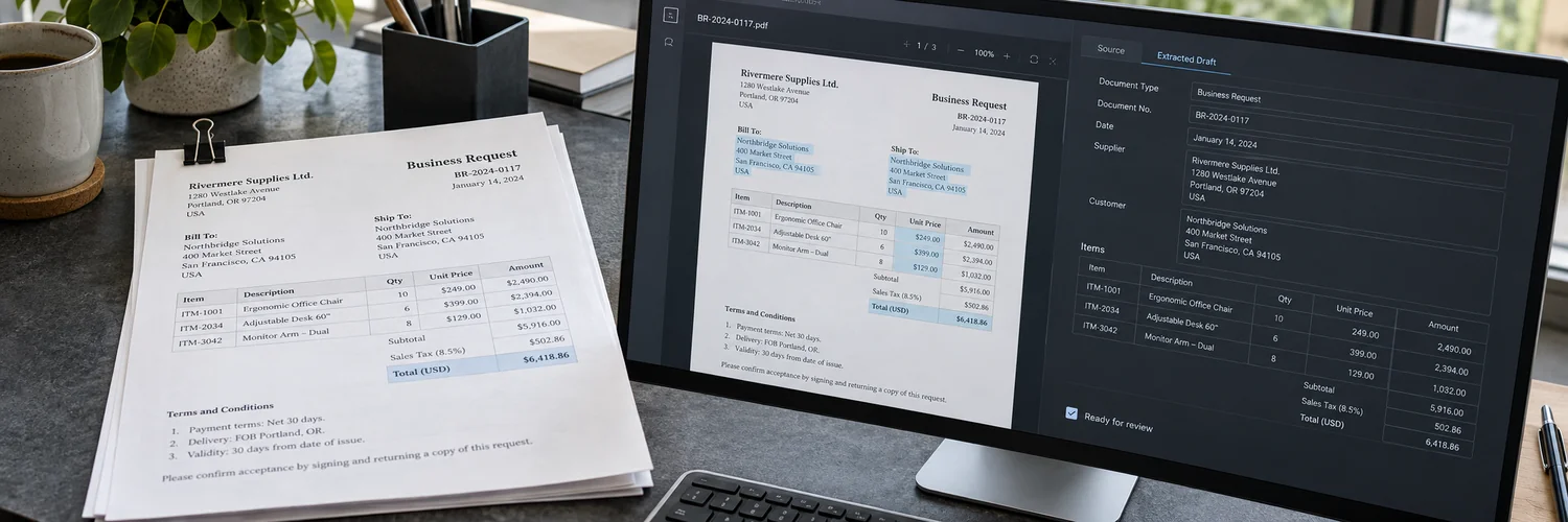 A source document beside extracted draft fields ready for review