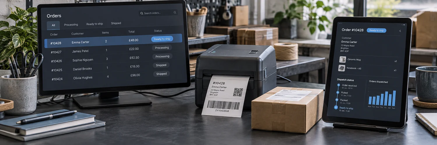 An order shared across an order screen, shipping label printer, and dispatch tablet