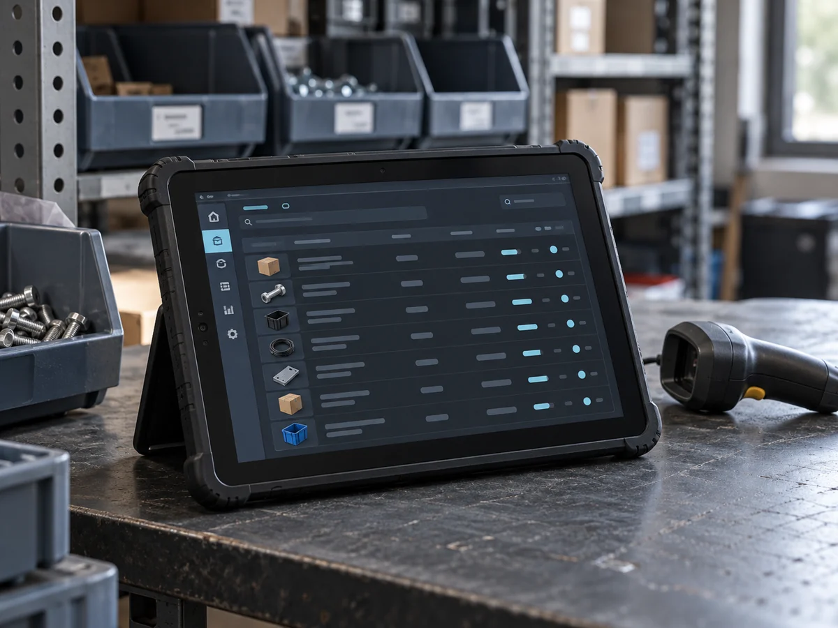 An inventory application on a rugged tablet beside a barcode scanner
