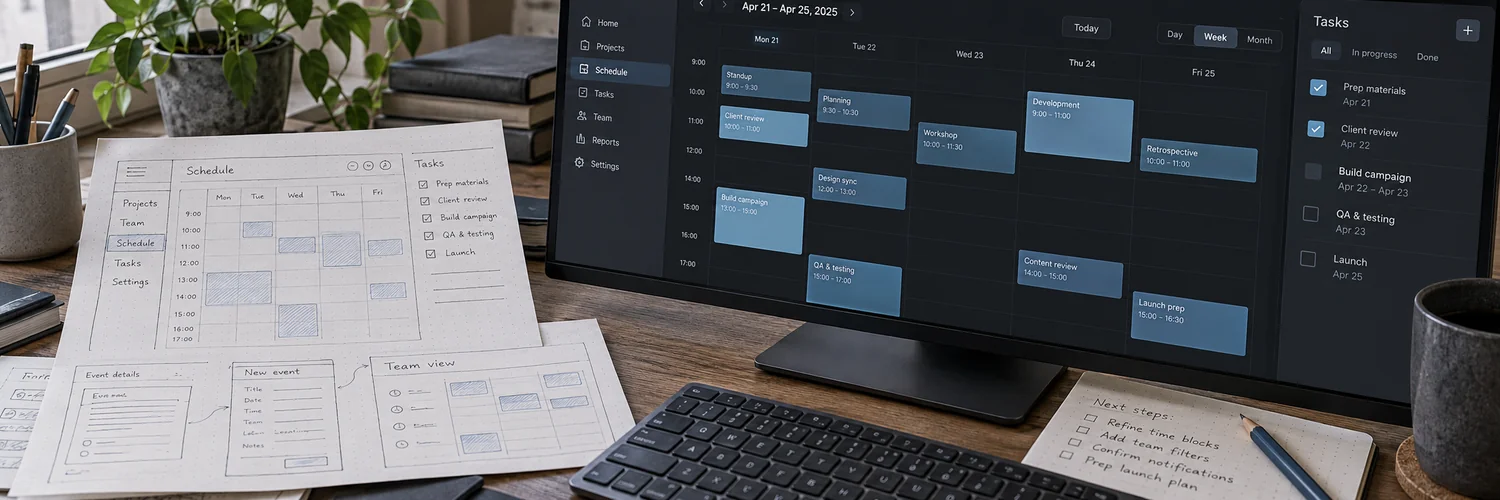 Paper scheduling sketches beside the corresponding custom scheduling application