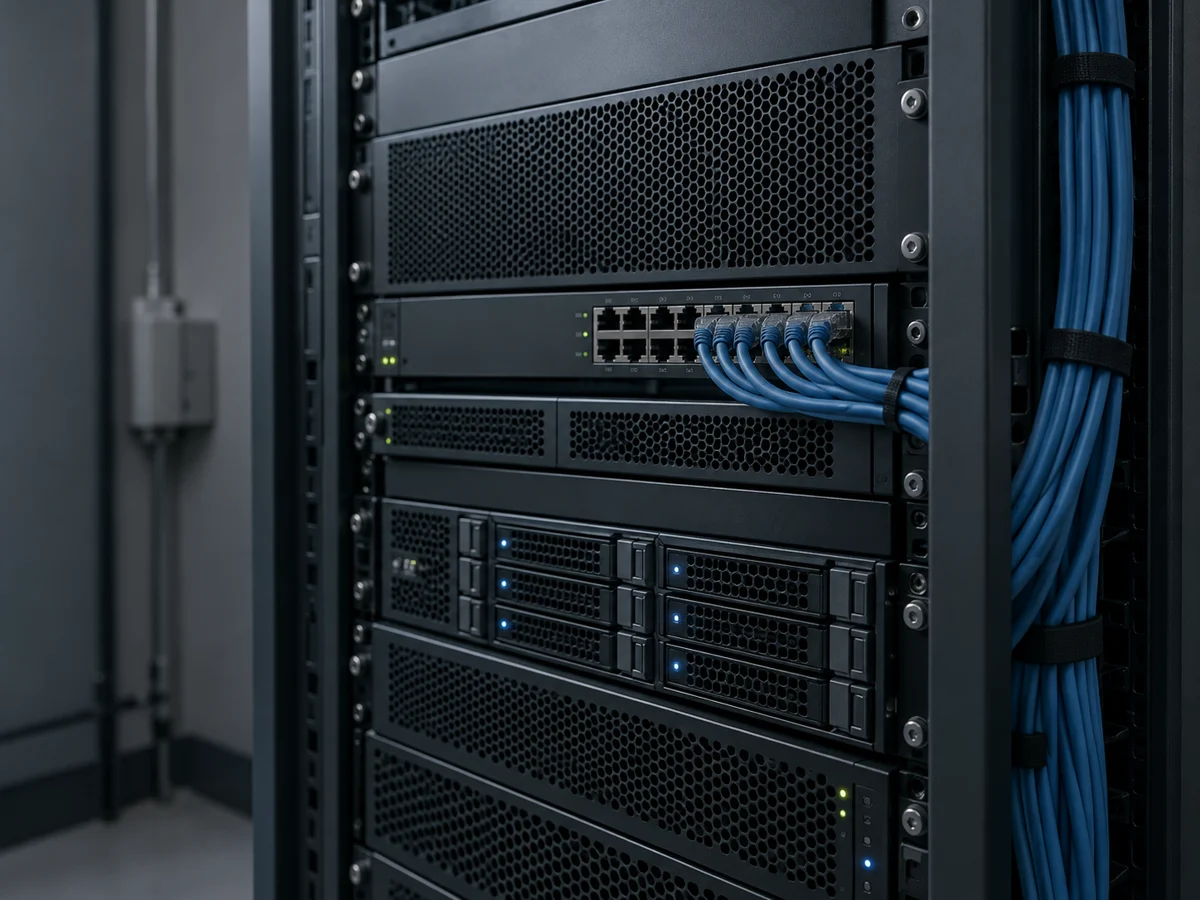 A neatly maintained server rack with organized blue network cables