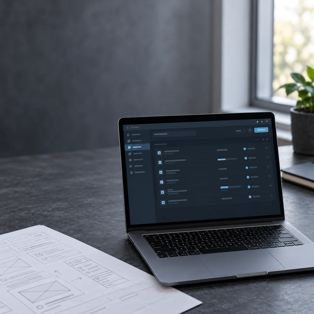 A laptop displaying a business application beside paper interface sketches